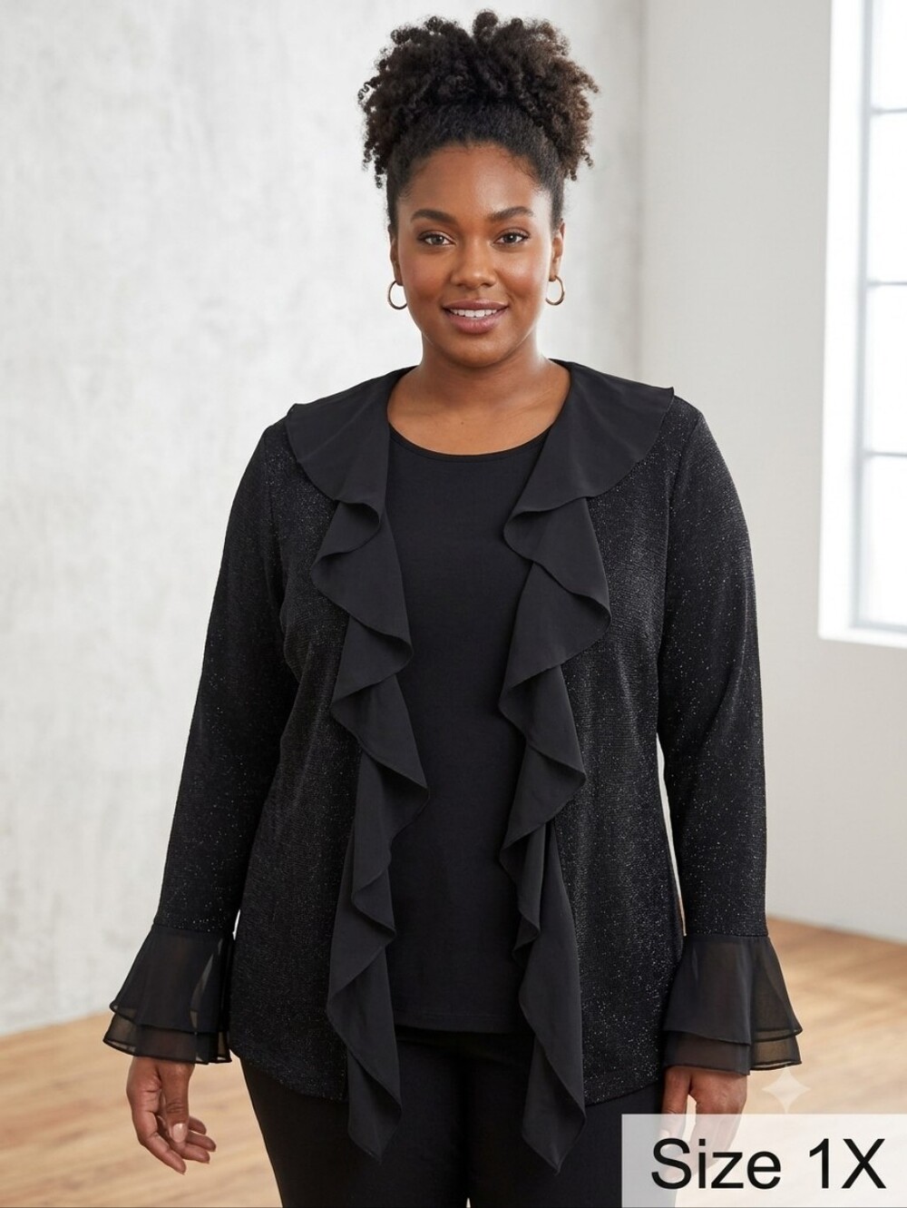 Xscape Black Ruffled Open-Front Cardigan with Sheer Ruffle Trim